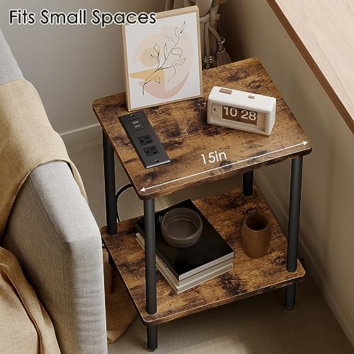 Brown Side Table with USB Ports and Power Outlets