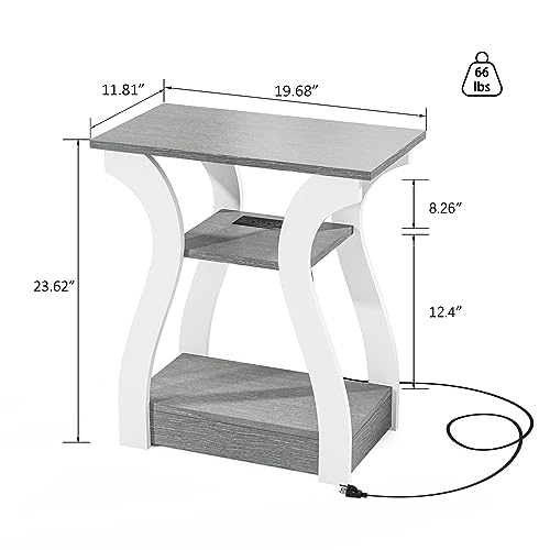 FROMJBEST 3 Tier Grey End Table with Charging Station