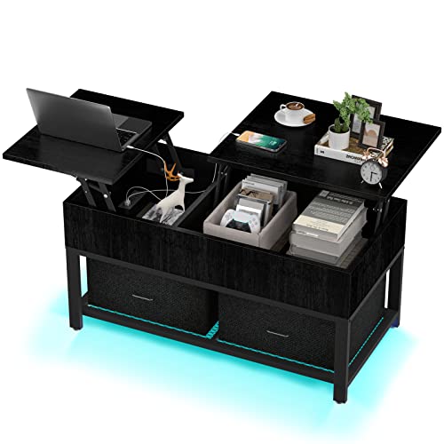 Modern Black Coffee Table with LED Lights & USB Charge