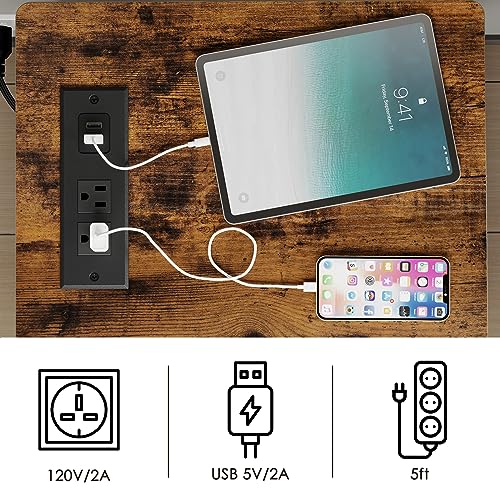 Brown Side Table with USB Ports and Power Outlets