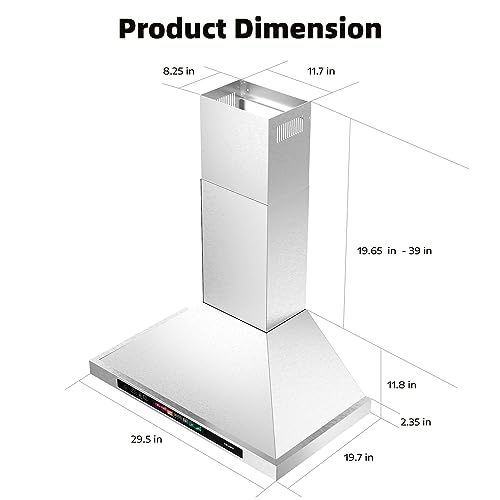 BRANO 30 Inch Wall Mount Range Hood, 900 CFM