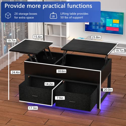 Modern Black Coffee Table with LED Lights & USB Charge