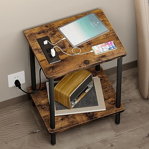 Brown Side Table with USB Ports and Power Outlets
