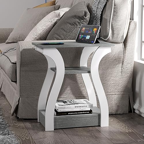 FROMJBEST 3 Tier Grey End Table with Charging Station