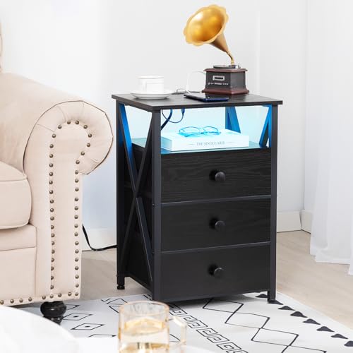 Smart LED Nightstand with USB Port and Fabric Drawers