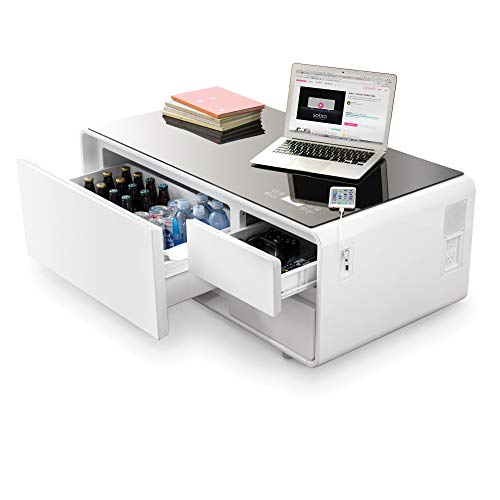 Sobro Coffee Table with Fridge, Speakers, Outlets - White