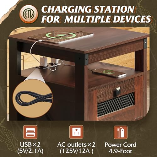 WLIVE End Table with Charger Station and USB Ports