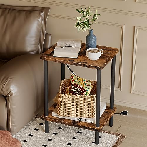Brown Side Table with USB Ports and Power Outlets