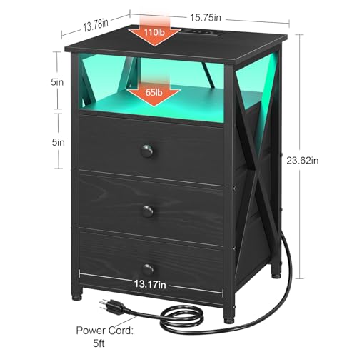 Smart LED Nightstand with USB Port and Fabric Drawers
