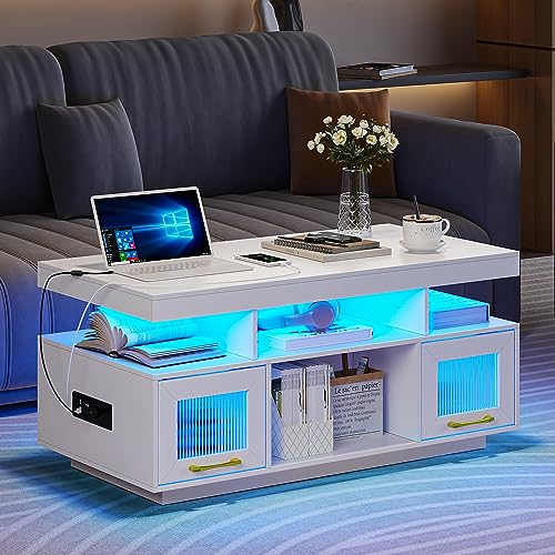 LED Coffee Table with Storage, Charging Station & Lights