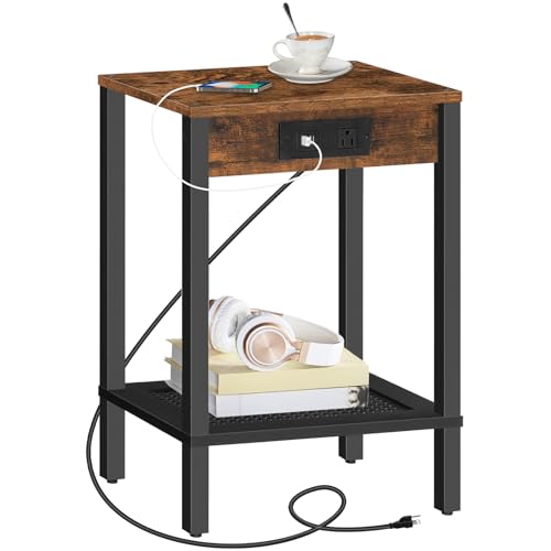 HOOBRO Rustic Side Table with Charging Station, USB Ports