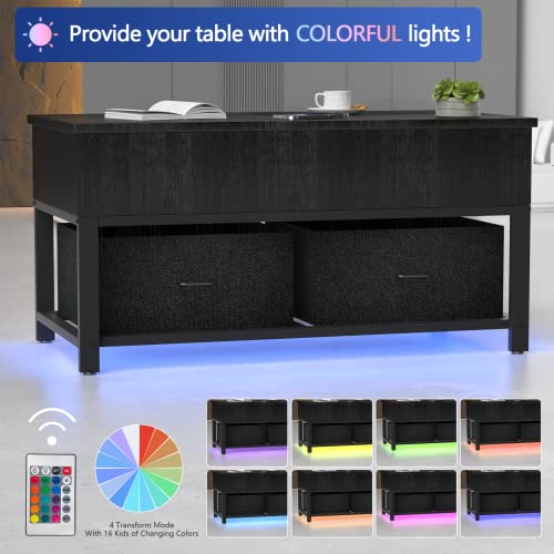 Modern Black Coffee Table with LED Lights & USB Charge