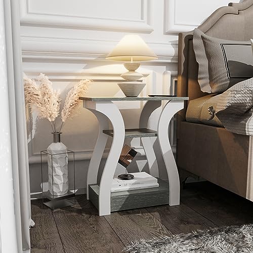 FROMJBEST 3 Tier Grey End Table with Charging Station