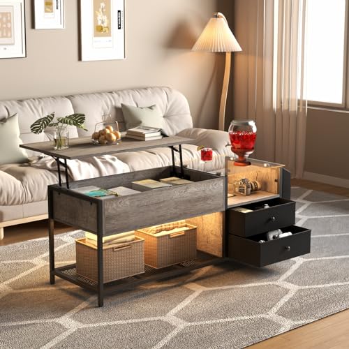 LED Lift Top Coffee Table with Hidden Compartment & Power Outlet