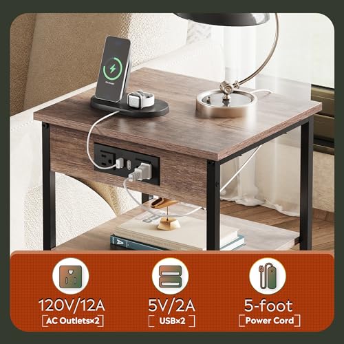 3-Tier Side Table with Outlet & USB Ports
