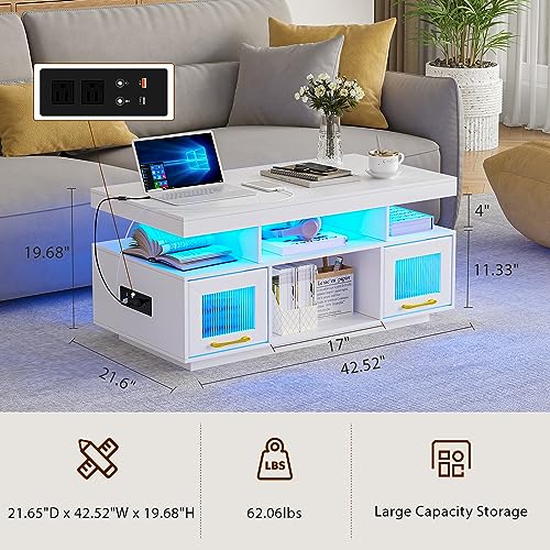 LED Coffee Table with Storage, Charging Station & Lights