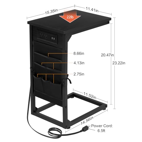AMHANCIBLE C Shaped End Table Set of 2, 11.4 inch Width Side Table for Couch, Sofa Table with Charging Station for Living Room, Couch Table with Storage, TV Tray for Bedroom, Black, HET04CBK