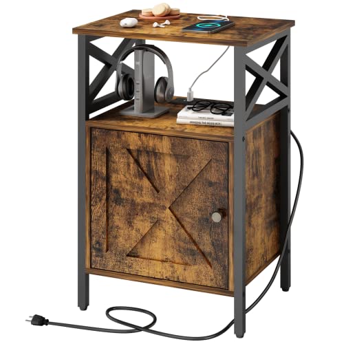 Brown Side Table with Charging Station, Storage Cabinet
