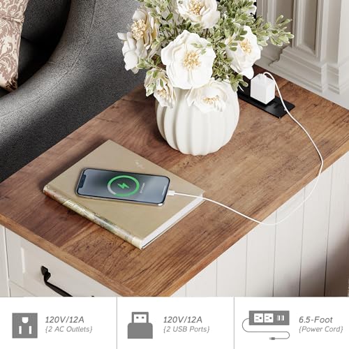 White End Table with Charging Station, Storage, USB Ports
