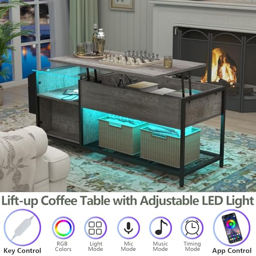 LED Lift Top Coffee Table with Hidden Compartment & Power Outlet