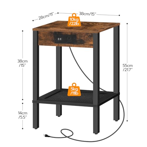 HOOBRO Rustic Side Table with Charging Station, USB Ports