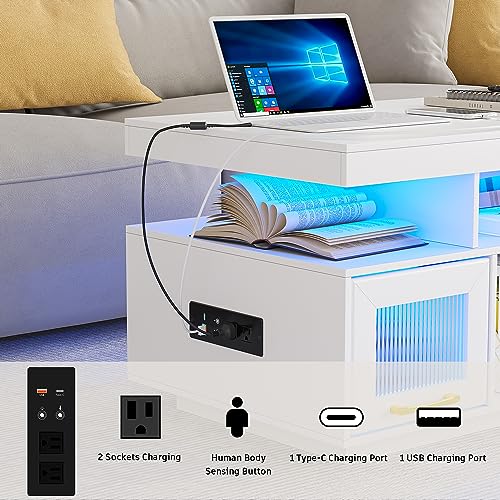 LED Coffee Table with Storage, Charging Station & Lights