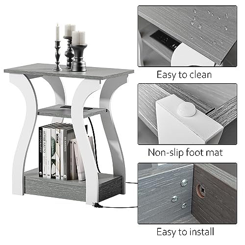 FROMJBEST 3 Tier Grey End Table with Charging Station