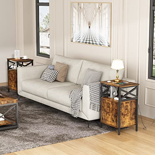 Brown Side Table with Charging Station, Storage Cabinet