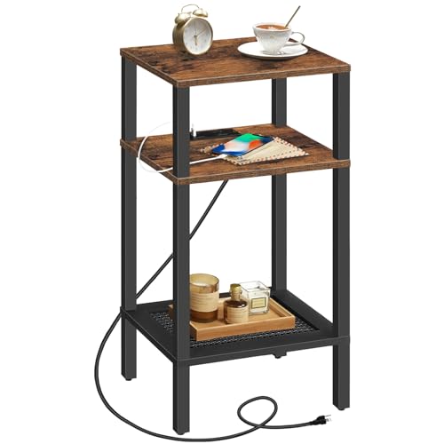 HOOBRO Tall End Table with Charging Station [Rustic Brown]