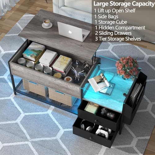 LED Lift Top Coffee Table with Hidden Compartment & Power Outlet