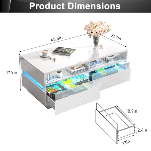 LED Coffee Table with 2 Drawers and Open Shelf