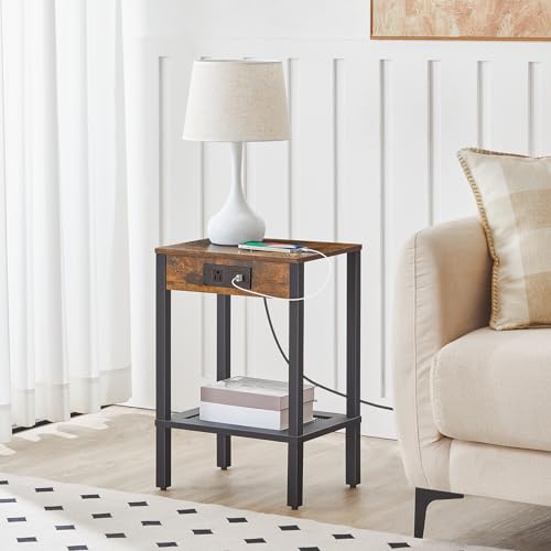 HOOBRO Rustic Side Table with Charging Station, USB Ports