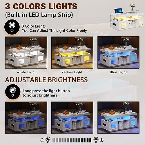 LED Coffee Table with Storage, Charging Station & Lights