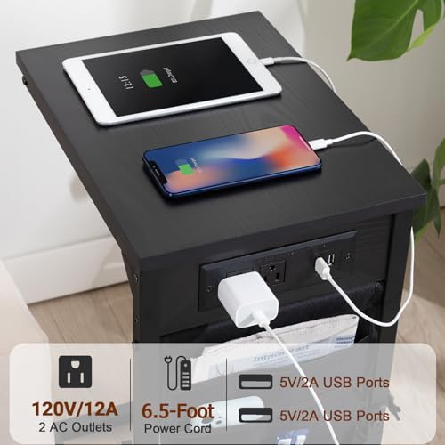 AMHANCIBLE C Shaped End Table Set of 2, 11.4 inch Width Side Table for Couch, Sofa Table with Charging Station for Living Room, Couch Table with Storage, TV Tray for Bedroom, Black, HET04CBK
