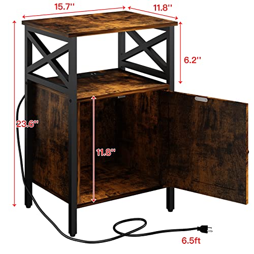 Brown Side Table with Charging Station, Storage Cabinet
