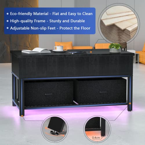 Modern Black Coffee Table with LED Lights & USB Charge