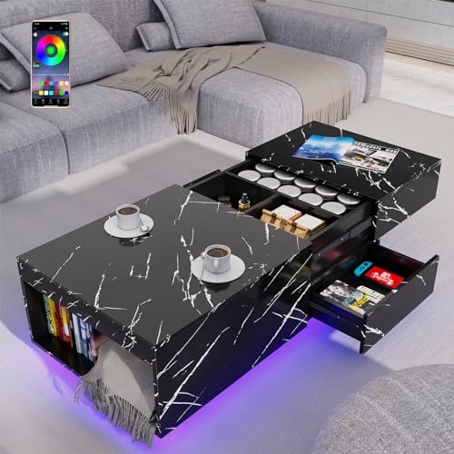 Modern Black Coffee Table with LED Lights and Storage