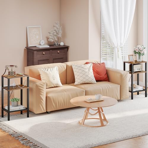 HOOBRO Tall End Table with Charging Station [Rustic Brown]