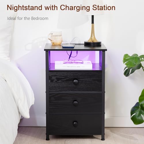 Smart LED Nightstand with USB Port and Fabric Drawers