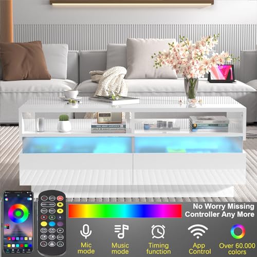 LED Coffee Table with 2 Drawers and Open Shelf