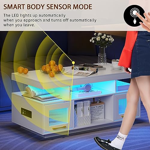 LED Coffee Table with Storage, Charging Station & Lights