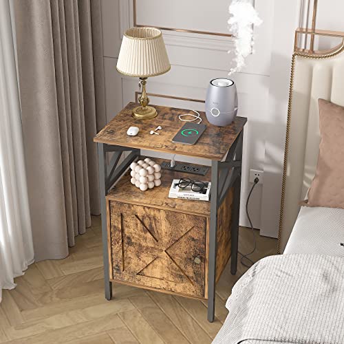 Brown Side Table with Charging Station, Storage Cabinet