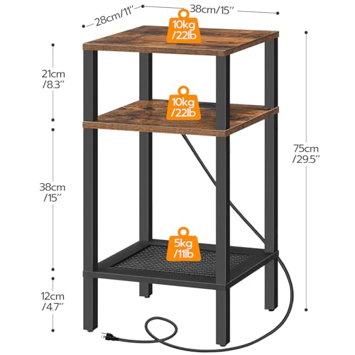HOOBRO Tall End Table with Charging Station [Rustic Brown]