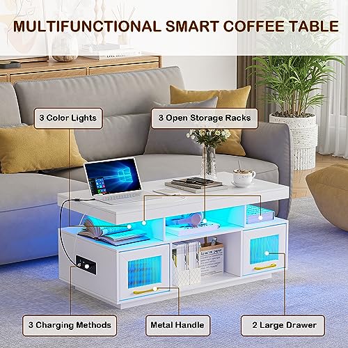 LED Coffee Table with Storage, Charging Station & Lights