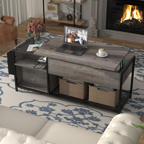 LED Lift Top Coffee Table with Hidden Compartment & Power Outlet