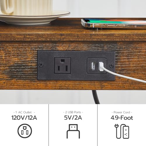 HOOBRO Rustic Side Table with Charging Station, USB Ports
