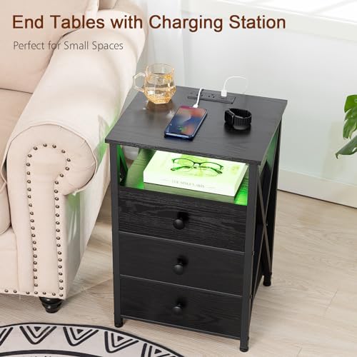 Smart LED Nightstand with USB Port and Fabric Drawers