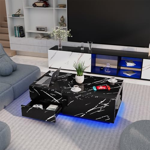 Modern Black Coffee Table with LED Lights and Storage