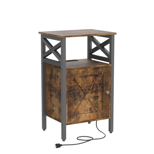 Brown Side Table with Charging Station, Storage Cabinet