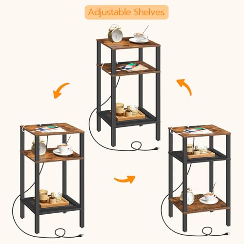 HOOBRO Tall End Table with Charging Station [Rustic Brown]